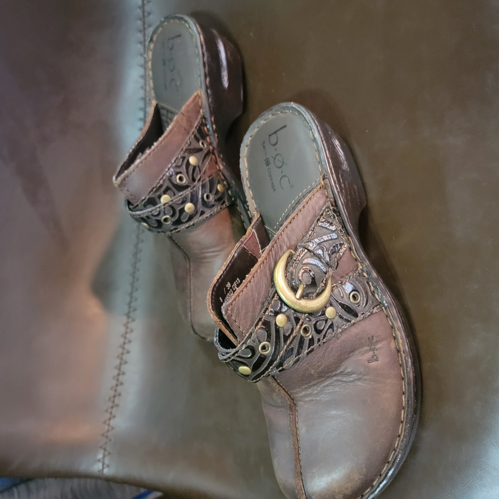 b.o.c. Brown Leather Mules with Gold Buckle